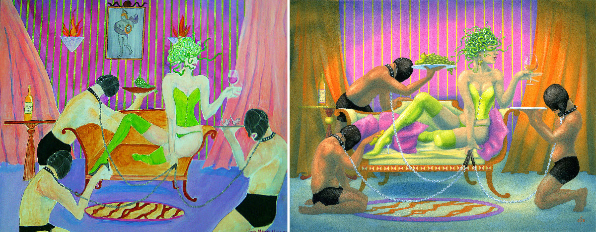 Medusa's Gimps: as plagiarised by Wendy Marani (left) as painted by Nancy Farmer (right)